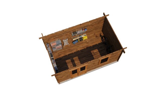 Förråd Mariestad - 5x3m (15kvm) - Brun Tryckimpregnerat – 3D-vy ovanifrån av interiören med hyllor och verktyg.