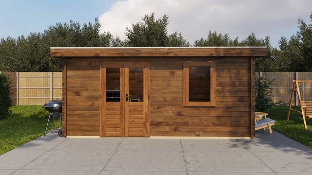 Förråd Mariestad - 5x3m (15kvm) - Brun Tryckimpregnerat – Sidovy med stängt fönster och tydlig träpanel.