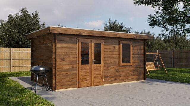 Förråd Mariestad - 5x3m (15kvm) - Brun Tryckimpregnerat – Sned sidovy som visar fönstrets placering och bakre vägg.