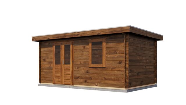 Förråd Mariestad - 5x3m (15kvm) - Brun Tryckimpregnerat – Sned bakifrån vy som visar förrådets trästruktur och kompakta form.