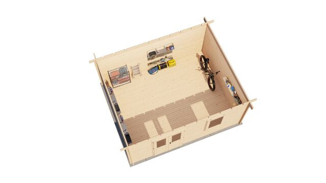 Förråd Enköping - 5x4m (20kvm) - Obehandlat – 3D-vy av interiör med förvaring.