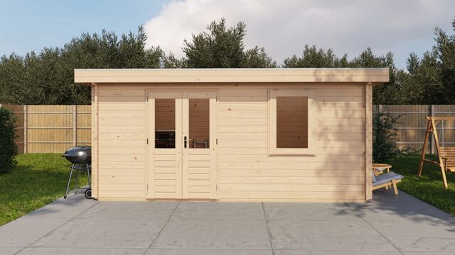 Förråd Enköping - 5x4m (20kvm) - Obehandlat – Vy från sidan med stängd dörr.