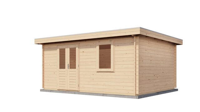 Förråd Enköping - 5x4m (20kvm) - Obehandlat – Sned sidovy med dörr och fönster synliga.