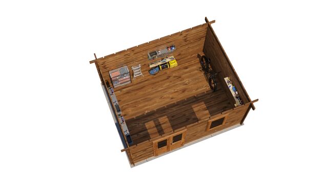 Förråd Enköping - 5x4m (20kvm) - Brun Tryckimpregnerat – 3D-vy ovanifrån av interiören med hyllor och verktyg.