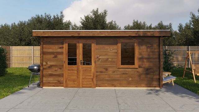 Förråd Enköping - 5x4m (20kvm) - Brun Tryckimpregnerat – Sidovy med stängt fönster och tydlig träpanel.