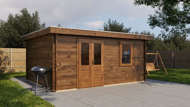 Förråd Enköping - 5x4m (20kvm) - Brun Tryckimpregnerat – Sned sidovy som visar fönstrets placering och bakre vägg.