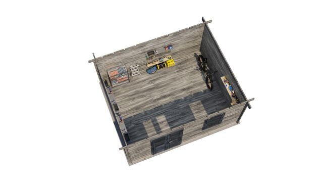 Förråd Enköping - 5x4m (20kvm) - Grå Tryckimpregnerat – 3D-vy ovanifrån av interiören med hyllor och verktyg.