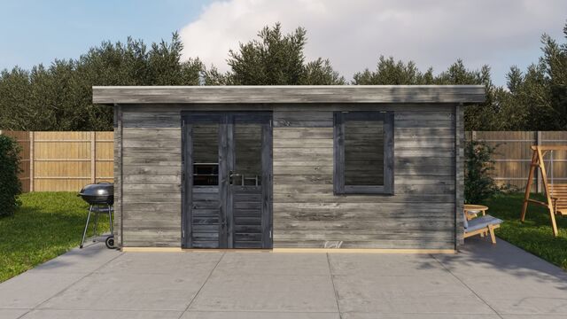 Förråd Enköping - 5x4m (20kvm) - Grå Tryckimpregnerat – Sidovy med stängt fönster och tydlig träpanel.