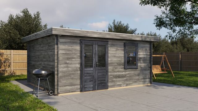 Förråd Enköping - 5x4m (20kvm) - Grå Tryckimpregnerat – Sned sidovy som visar fönstrets placering och bakre vägg.