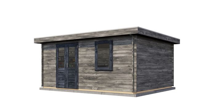 Förråd Enköping - 5x4m (20kvm) - Grå Tryckimpregnerat – Sned bakifrån vy som visar förrådets trästruktur och kompakta form.