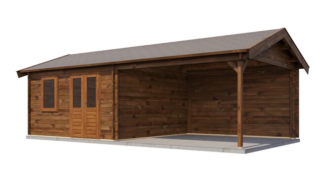 Trädgårdshus Hjo - 8x4m (32 kvm) - Brun Tryckimpregnerat – Sned bakifrån vy som visar förrådets trästruktur och kompakta form.
