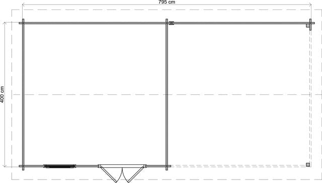 Trädgårdshus Hjo - 8x4m (32 kvm) - Obehandlat – Teknisk ritning som visar yttermått och form.