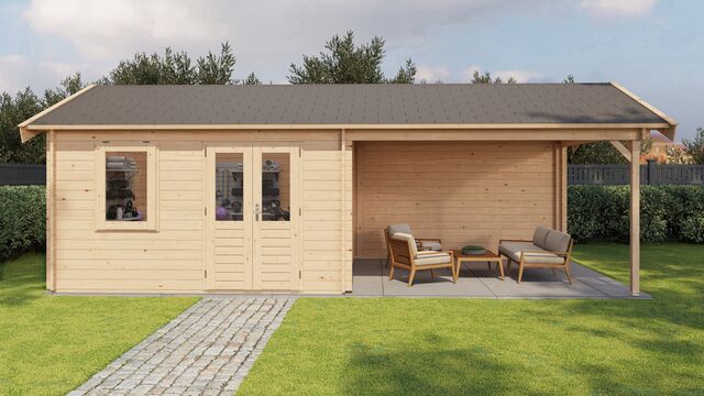 Trädgårdshus Hjo - 8x4m (32 kvm) - Obehandlat – Vy från sidan med stängd dörr.