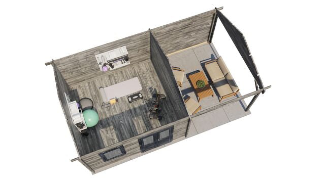 Trädgårdshus Nässjö - 7x4m (28 kvm) - Grå Tryckimpregnerat – 3D-vy ovanifrån av interiören med hyllor och verktyg.
