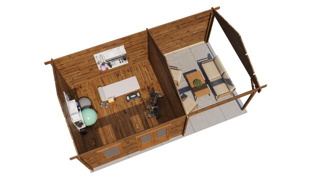 Trädgårdshus Nässjö - 7x4m (28 kvm) - Brun Tryckimpregnerat – 3D-vy ovanifrån av interiören med hyllor och verktyg.