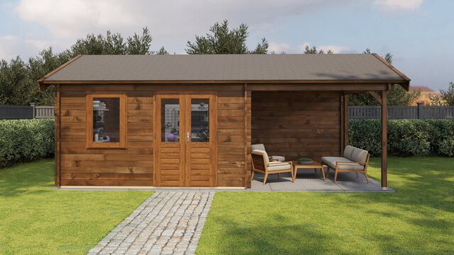 Trädgårdshus Nässjö - 7x4m (28 kvm) - Brun Tryckimpregnerat – Sidovy med stängt fönster och tydlig träpanel.