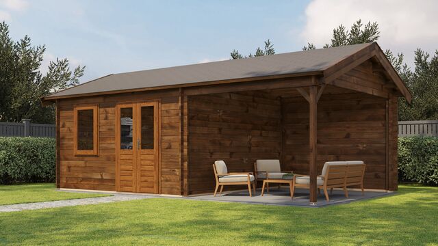 Trädgårdshus Nässjö - 7x4m (28 kvm) - Brun Tryckimpregnerat – Sned sidovy som visar fönstrets placering och bakre vägg.