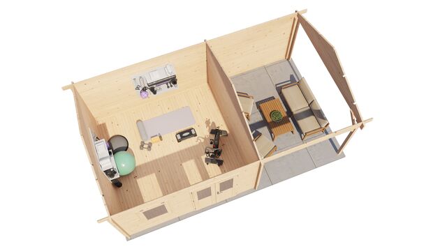 Trädgårdshus Nässjö - 7x4m (28 kvm) - Obehandlat – 3D-vy av interiör med förvaring.