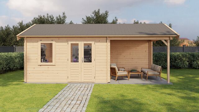 Trädgårdshus Nässjö - 7x4m (28 kvm) - Obehandlat – Vy från sidan med stängd dörr.