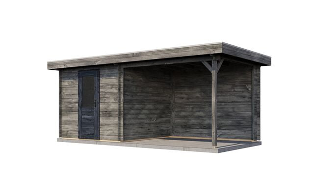 Trädgårdshus Borlänge - 5,5x2,5m (13,75 kvm) - Grå Tryckimpregnerat – Sned bakifrån vy som visar förrådets trästruktur och kompakta form.