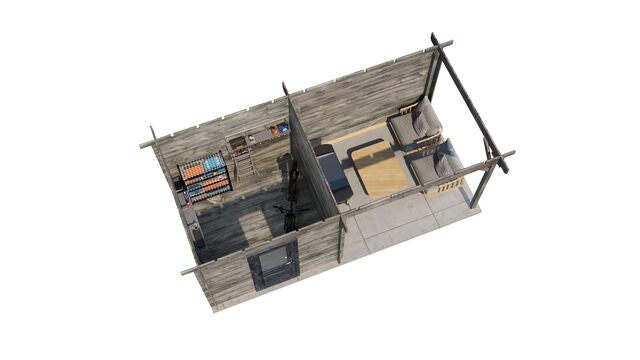 Trädgårdshus Borlänge - 5,5x2,5m (13,75 kvm) - Grå Tryckimpregnerat – 3D-vy ovanifrån av interiören med hyllor och verktyg.