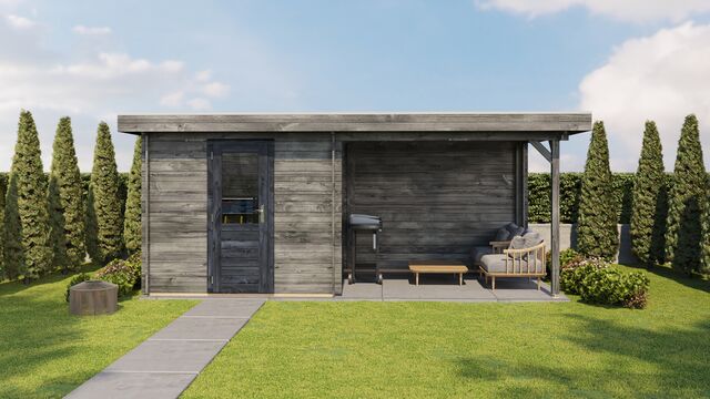 Trädgårdshus Borlänge - 5,5x2,5m (13,75 kvm) - Grå Tryckimpregnerat – Sidovy med stängt fönster och tydlig träpanel.