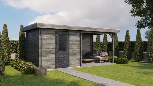 Trädgårdshus Borlänge - 5,5x2,5m (13,75 kvm) - Grå Tryckimpregnerat – Rakt framifrån fasadvy med dörr och fönster i stängt läge.