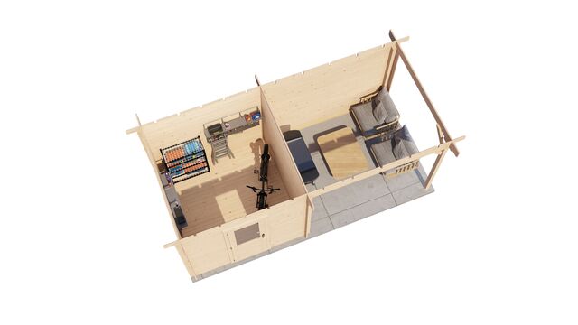 Trädgårdshus Borlänge - 5,5x2,5m (13,75 kvm) - Obehandlat – 3D-vy av interiör med förvaring.