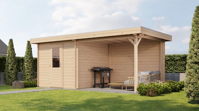 Trädgårdshus Borlänge - 5,5x2,5m (13,75 kvm) - Obehandlat – Rakt framifrån där fasaden syns tydligt.