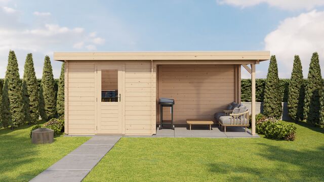 Trädgårdshus Borlänge - 5,5x2,5m (13,75 kvm) - Obehandlat – Bakifrån vy som visar tak och bakvägg.