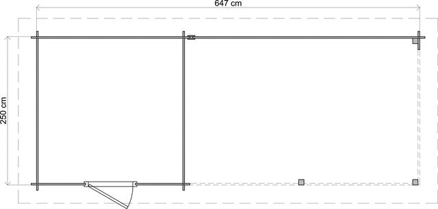Trädgårdshus Falun 6,5x2,5m (16,25 kvm) - Brun Tryckimpregnerat – Teknisk ritning uppifrån som visar yttermått.