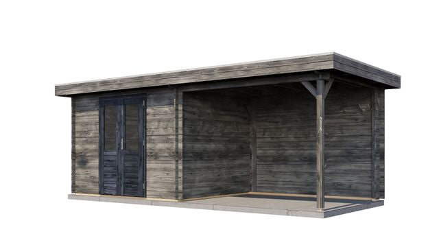 Trädgårdshus Karlskrona - 6x2,5m (15 kvm) - Grå Tryckimpregnerat – Sned bakifrån vy som visar förrådets trästruktur och kompakta form.