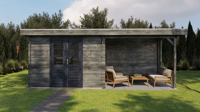 Trädgårdshus Karlskrona - 6x2,5m (15 kvm) - Grå Tryckimpregnerat – Sidovy med stängt fönster och tydlig träpanel.