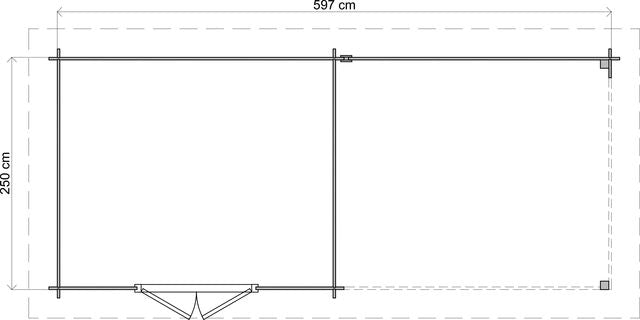 Trädgårdshus Karlskrona - 6x2,5m (15 kvm) - Obehandlat – Teknisk ritning som visar yttermått och form.