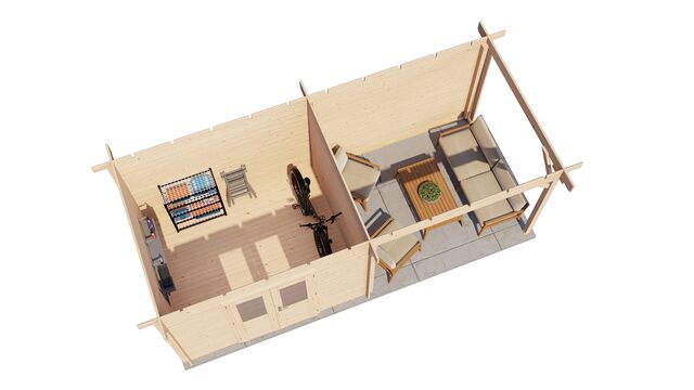 Trädgårdshus Karlskrona - 6x2,5m (15 kvm) - Obehandlat – 3D-vy av interiör med förvaring.