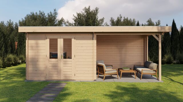 Trädgårdshus Karlskrona - 6x2,5m (15 kvm) - Obehandlat – Vy från sidan med stängd dörr.