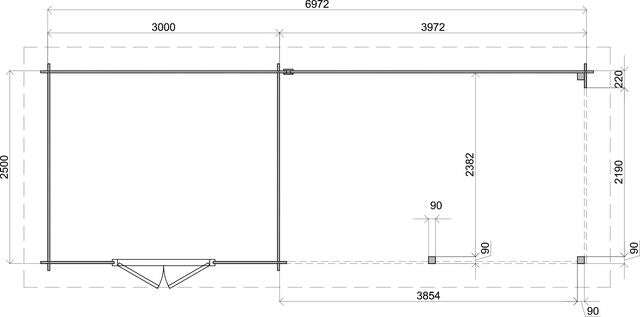 Trädgårdshus Skellefteå - 7x2,5m (17,5 kvm) - Brun Tryckimpregnerat – Teknisk ritning uppifrån som visar yttermått.
