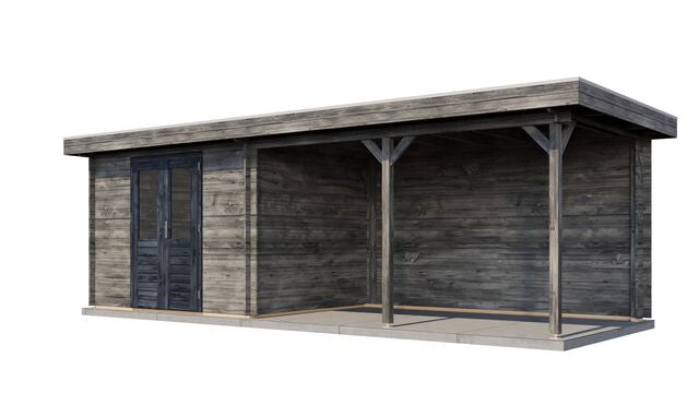 Trädgårdshus Skellefteå - 7x2,5m (17,5 kvm) - Grå Tryckimpregnerat – Sned bakifrån vy som visar förrådets trästruktur och kompakta form.