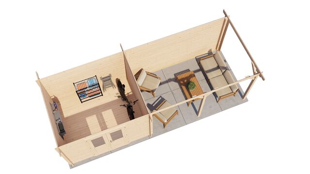 Trädgårdshus Skellefteå - 7x2,5m (17,5 kvm) - Obehandlat – 3D-vy av interiör med förvaring.