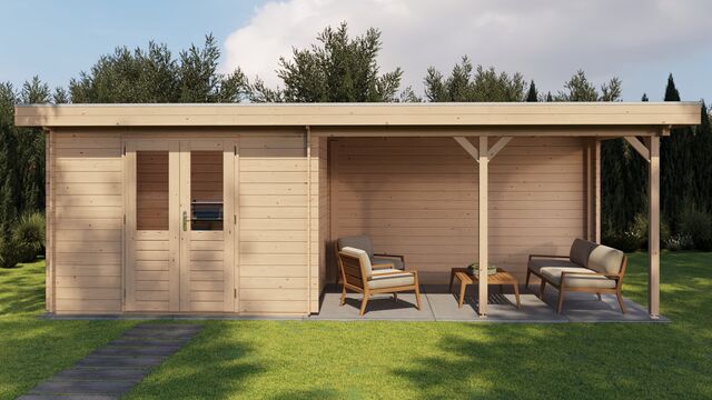 Trädgårdshus Skellefteå - 7x2,5m (17,5 kvm) - Obehandlat – Vy från sidan med stängd dörr.