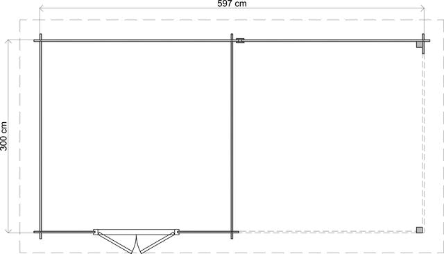 Trädgårdshus Varberg - 6x3m (18 kvm) - Obehandlat – Teknisk ritning som visar yttermått och form.