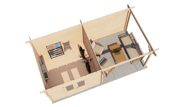 Trädgårdshus Varberg - 6x3m (18 kvm) - Obehandlat – 3D-vy av interiör med förvaring.