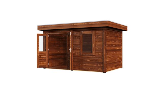 Högersida av förråd Borås 3,9×2,5 m från Vykra med öppna dubbeldörrar