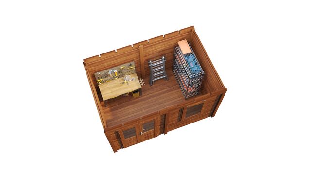 Planlösning uppifrån av förråd Borås 3,9×2,5 m från Vykra – med hyllor och förvaring