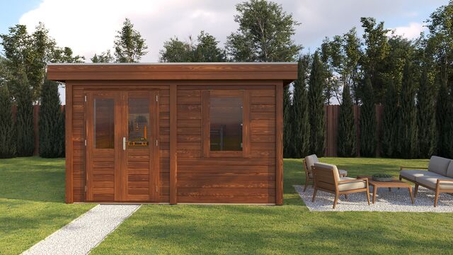 Förråd Borås 3,9×2,5 m från Vykra – trädgårdsvy rakt framifrån med dubbeldörrar