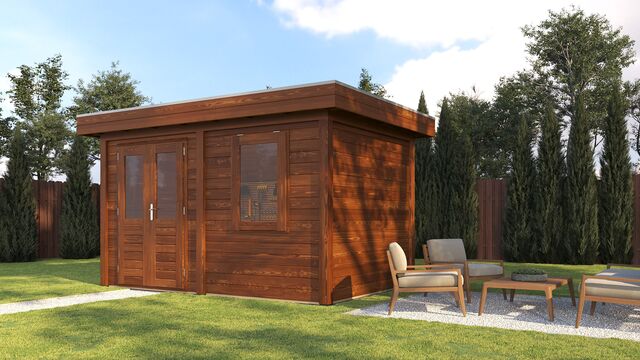 Förråd Borås 3,9×2,5 m från Vykra – trädgårdsvy från höger sida med sittgrupp