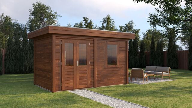 Förråd Borås 3,9×2,5 m från Vykra – trädgårdsbild från hörn med utemöbler