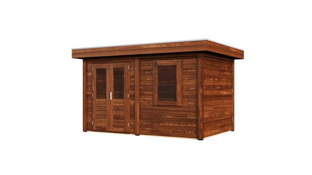 Vänstersida av förråd Borås 3,9×2,5 m från Vykra – brunt trä med fönster