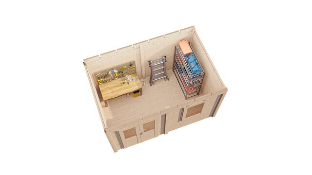 Planlösning uppifrån av förråd Borås 3,9×2,5 m från Vykra – med verktygsförvaring och fönsterplacering