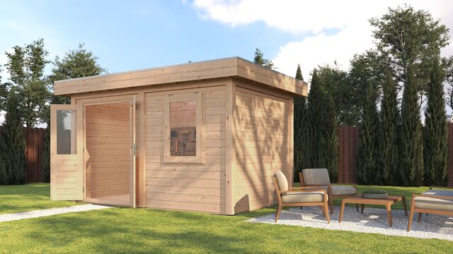 Förråd Borås 3,9×2,5 m från Vykra – obehandlat trä i trädgårdsmiljö med uteplats